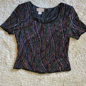 Vintage Laurence Kazar black silk top with multi color beaded detail size large
